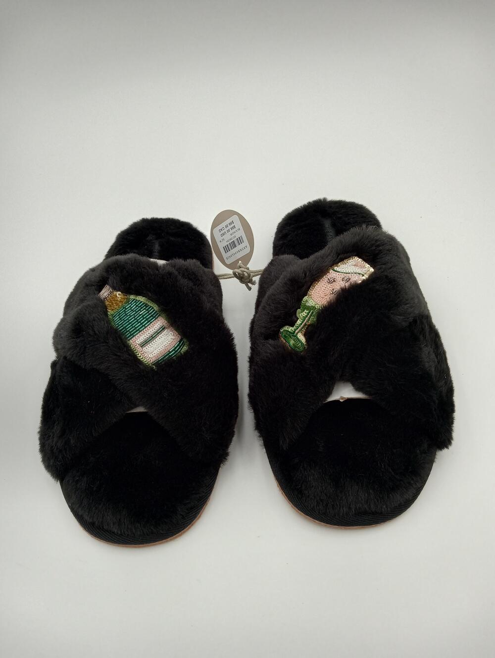 Anthropologie Slippers Womens Black Faux Fur Champagne Slide House Shoes Size 8